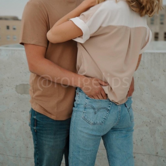 Rolled Up Batwing Sleeves Color Block 2 Tone Button Down Shirt Tan Beige - Picture 8 of 9